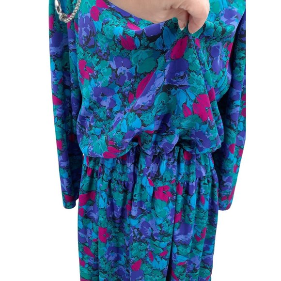 VTG 80s It's a Rich Miss Blue Pink Purple Floral Long Sleeve Blouson Dress L USA - Picture 3 of 12